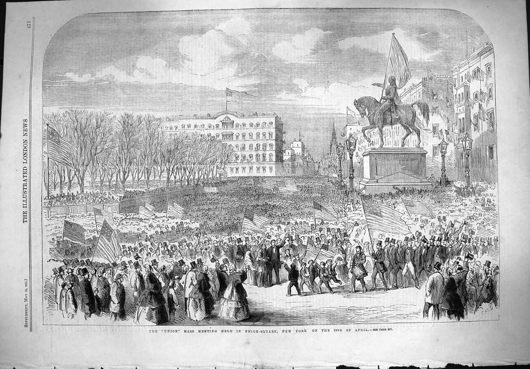 Old Antique Print 1861 Union Mass Meeting Union Square New York America 19th
