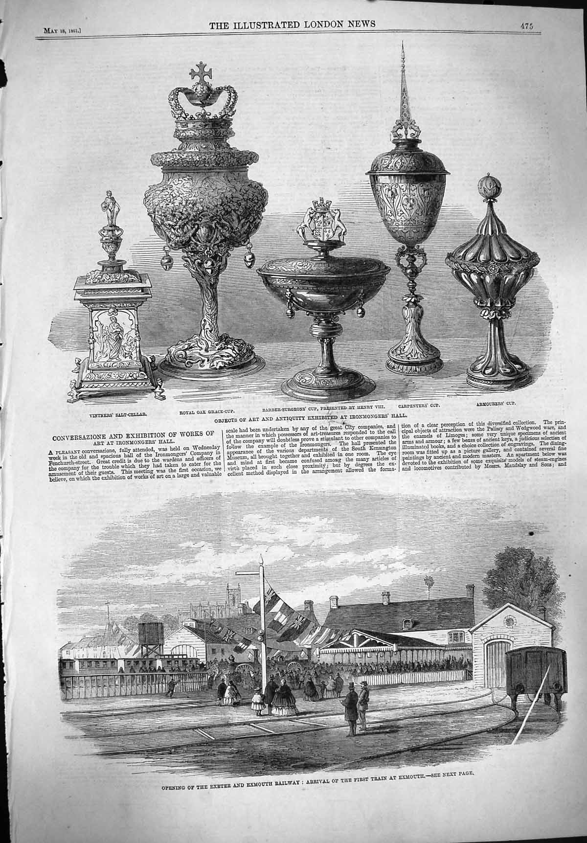 Old Antique Print 1861 Art Ironmongers Hall Exeter Exmouth Railway Train 19th