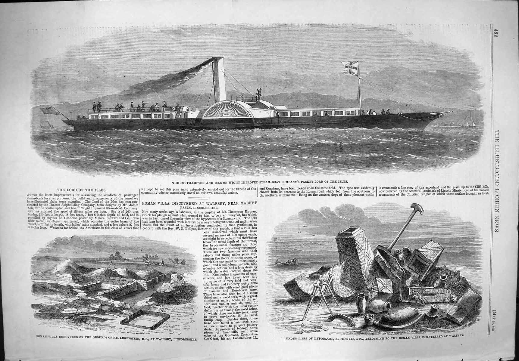 Old Antique Print 1861 Isle Wight Steam Ship Lord Isles Villa Archaeology 19th
