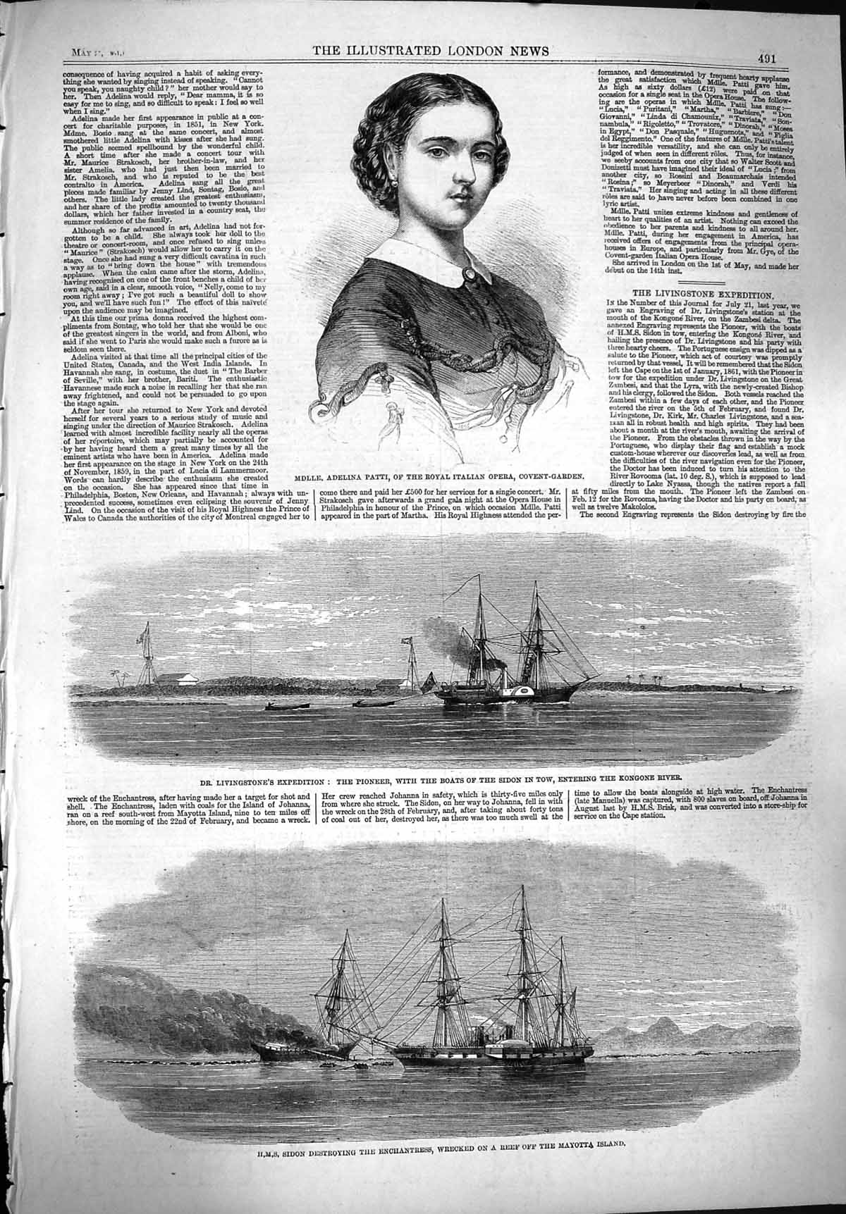 Old Antique Print 1861 Adelina Patti Italian Opera Livingstone Ship Sidon 19th