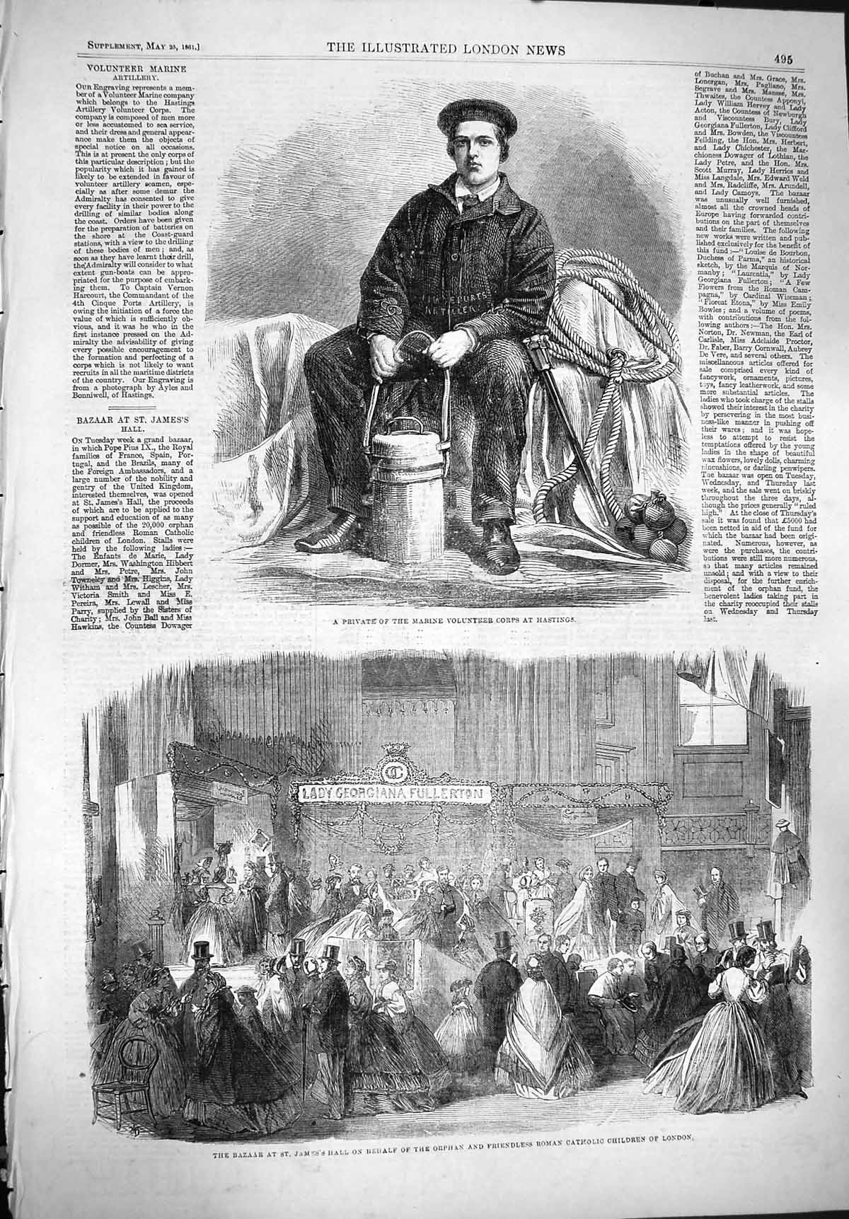 Original Old Antique Print 1861 Private Marine Corps Hastings Children London