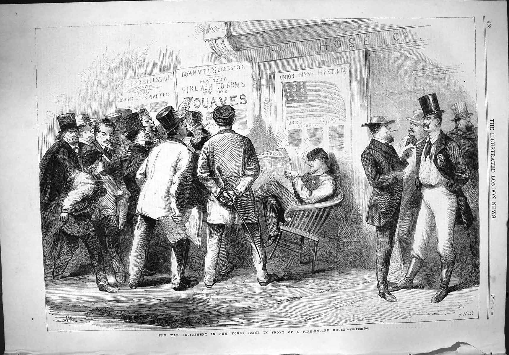 Original Old Antique Print 1861 War New York America Fire-Engine House 19th