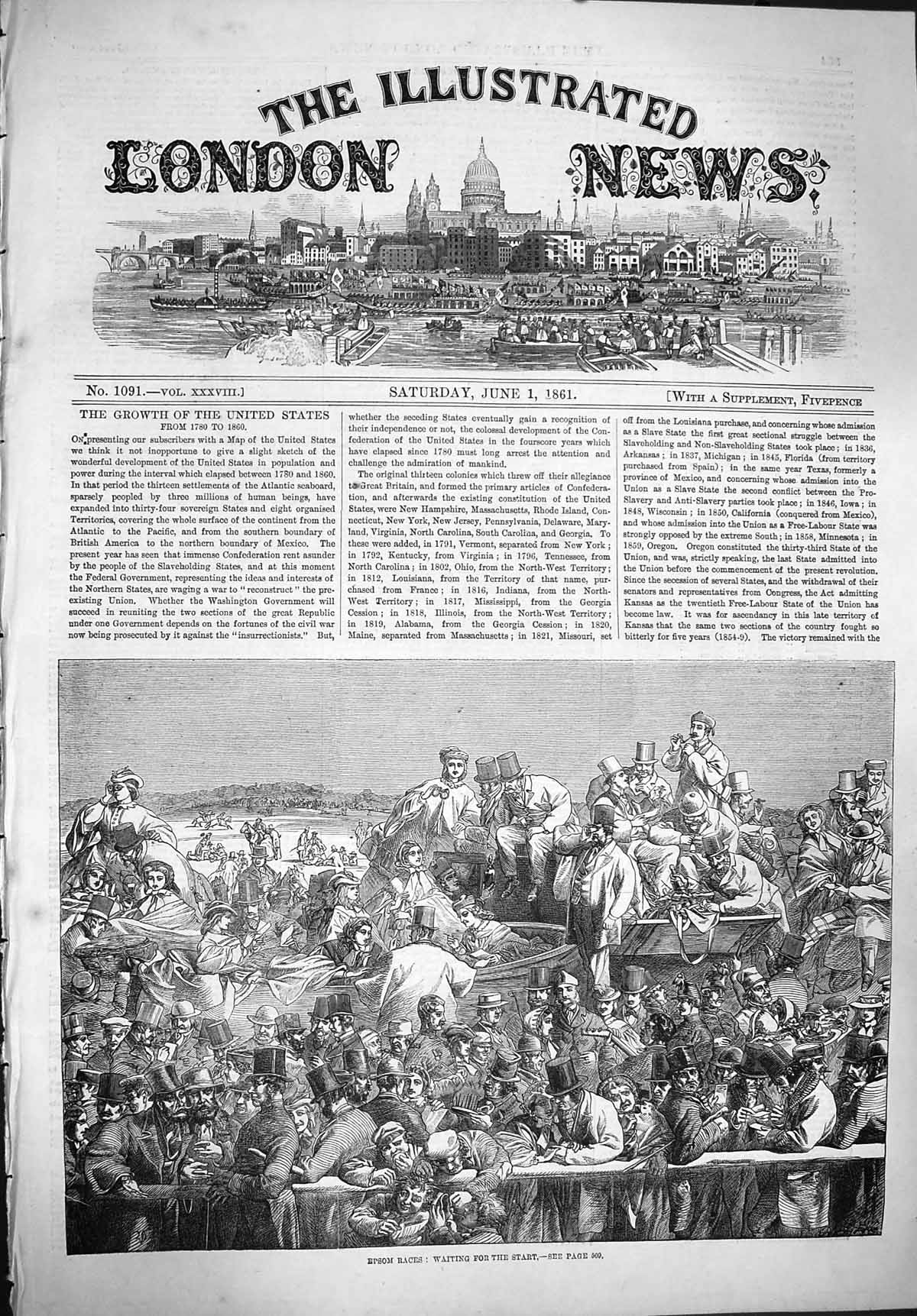 Original Old Antique Print 1861 Epsom Horse Races Sport Spectators Victorian