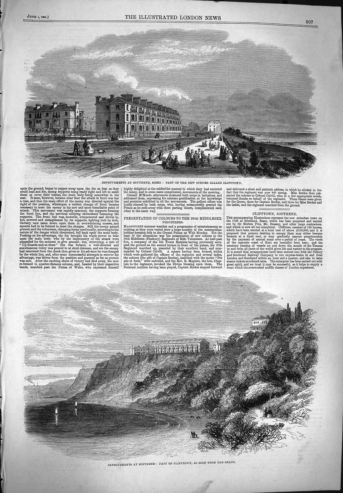 Old Antique Print 1861 Improvements Southend Essex Clifftown Beach Scene 19th