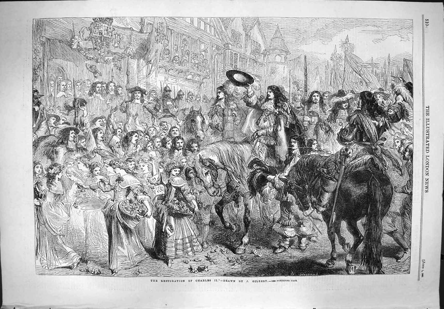 Original Old Antique Print 1861 Restoration King Charles Ii 19th