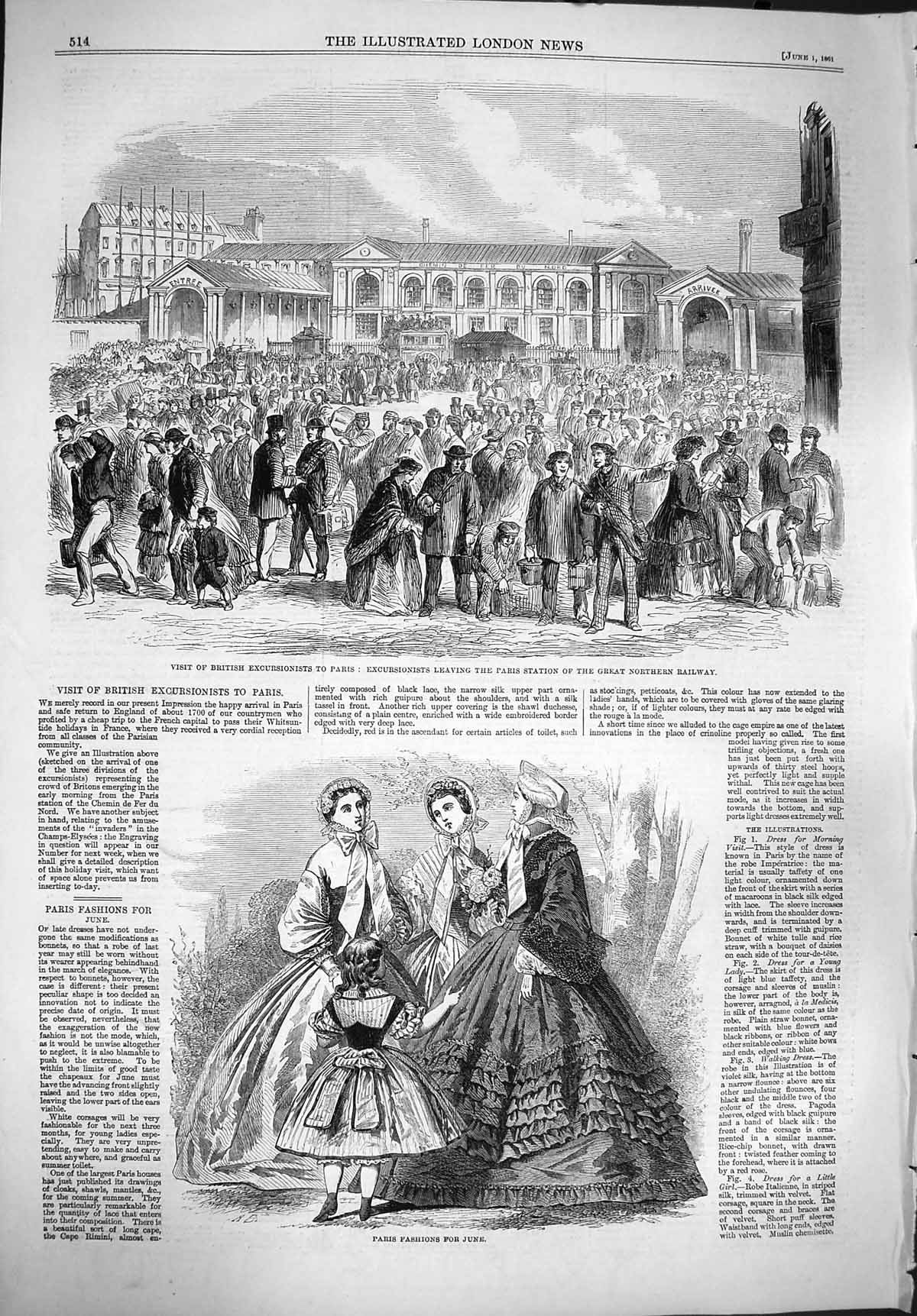 Old Antique Print 1861 Paris Fashion British Excursionists Railway France 19th