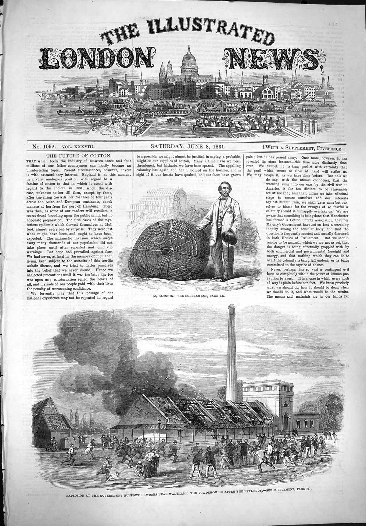 Original Old Antique Print 1861 Portrait Blondin Gunpowder-Works Waltha 19th