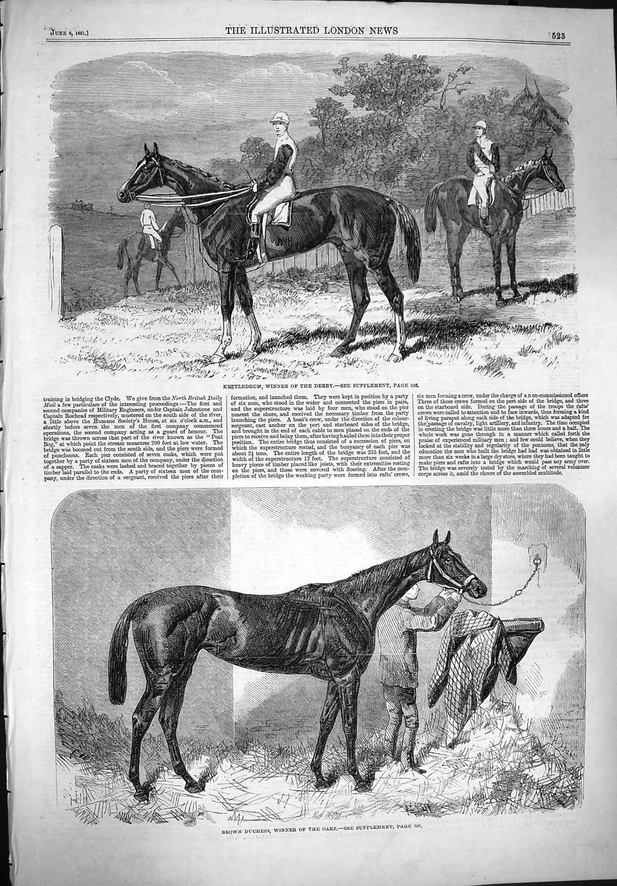 Original Old Antique Print 1861 Kettledrum Horse Winner Derby Brown Duche 19th