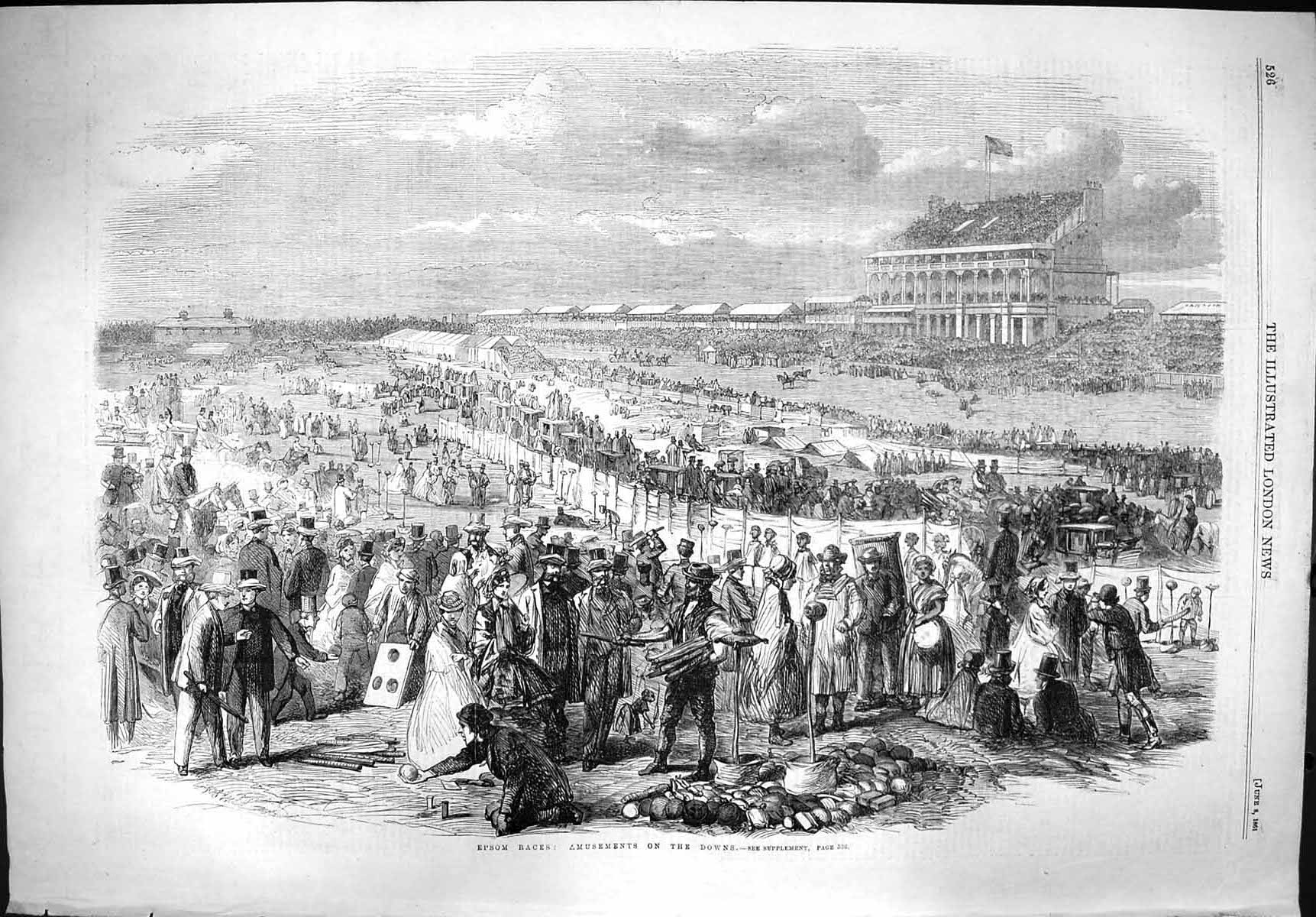 Original Old Antique Print 1861 Epsom Horse Racing Amusements Downs Sport 19th