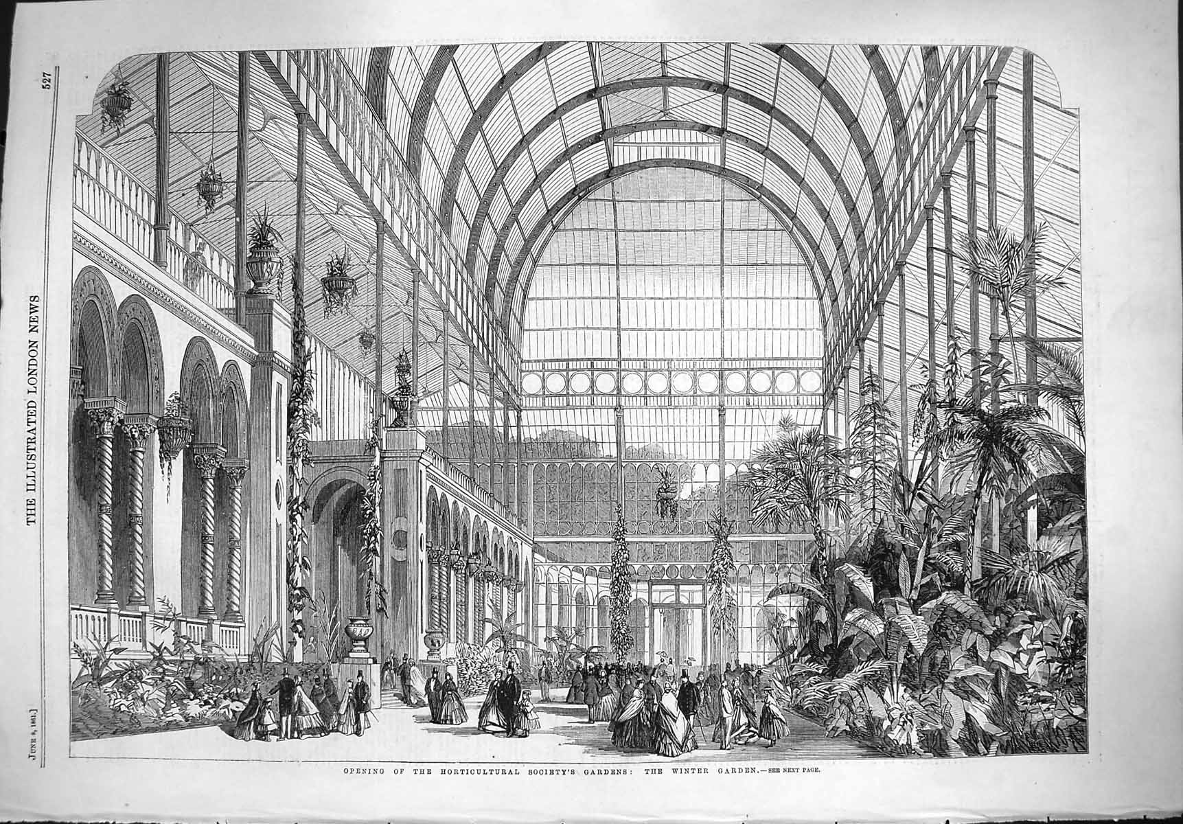 Original Old Antique Print 1861 Opening Horticultural Society Winter Gardens