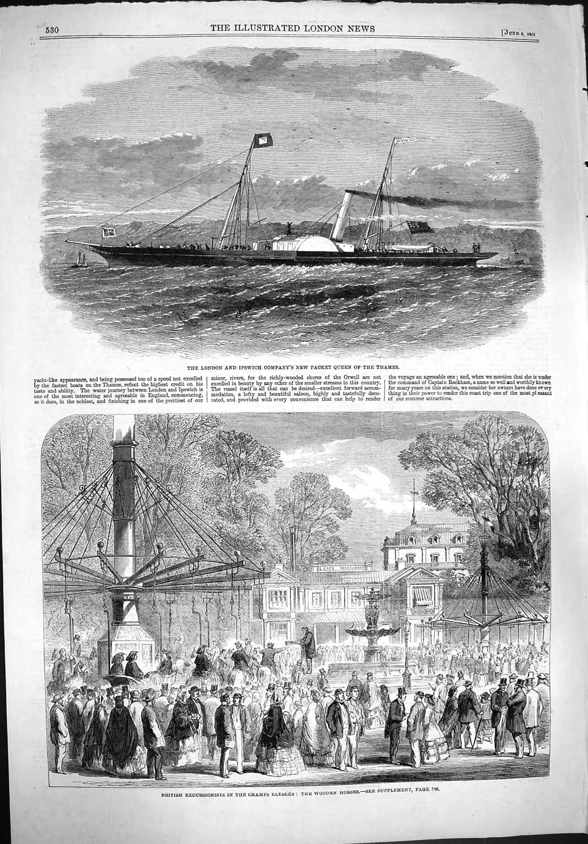 Original Old Antique Print 1861 London Ipswich Queen Ship Thames Champs Elysees
