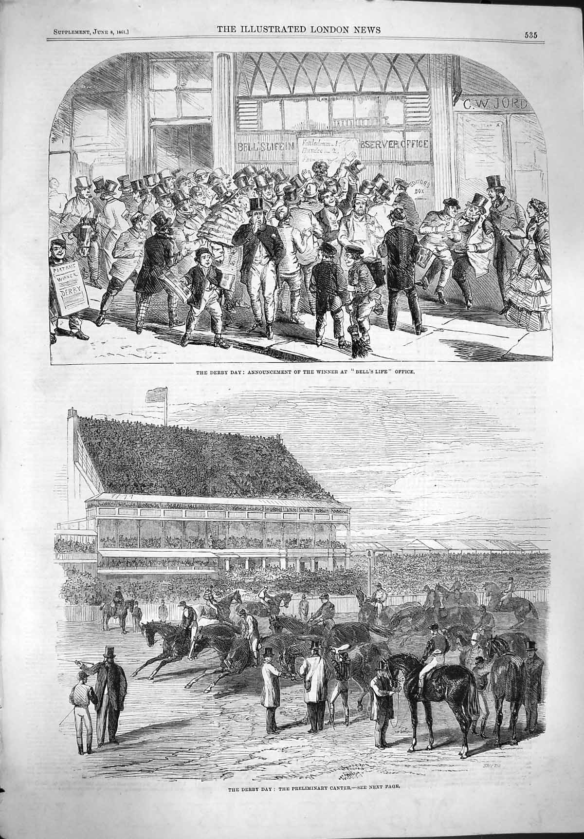 Original Old Antique Print 1861 Derby Day Bells Life Office Horses Sport Racing