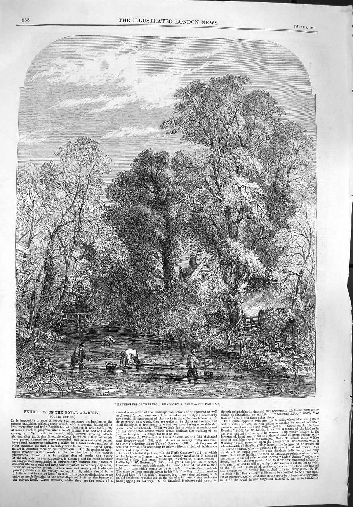 Original Old Antique Print 1861 Agriculture Watercress Gathering River Read
