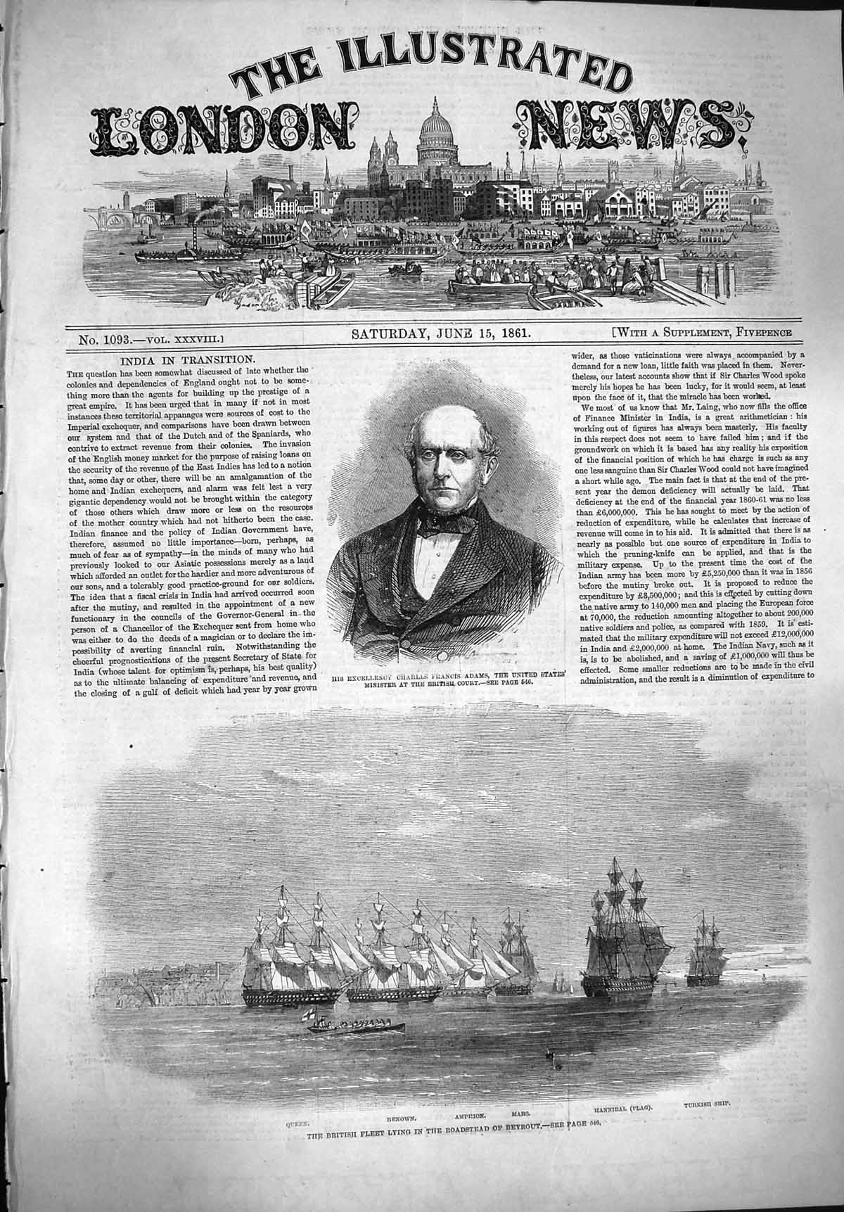 Original Old Antique Print 1861 Charles Francis Adams British Ships War Mar 19th