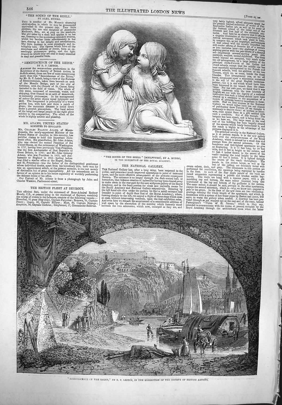 Original Old Antique Print 1861 Reminiscence Rhine Leitch Sound Shell Sculpture