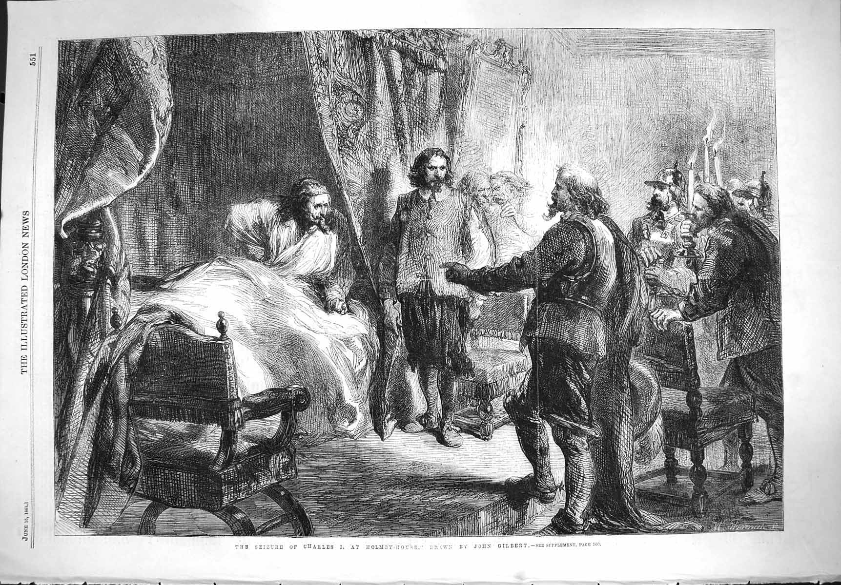 Original Old Antique Print 1861 Scene Seizure King Charles Holmby House Gilbert