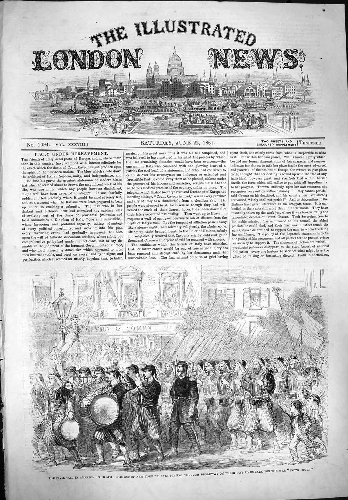 Old Antique Print 1861 Civil War America New York Zouaves Broadway Army 19th