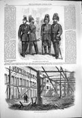 Original Old Antique Print 1861 War Uniform Surrey Rifles Ruins Music Hall 19th