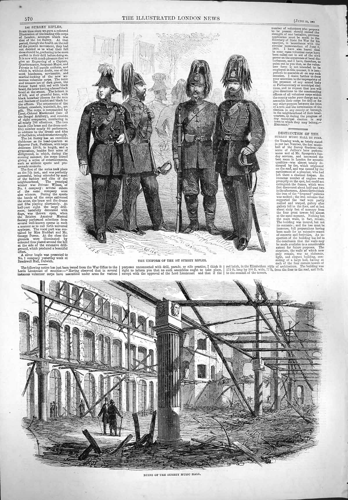 Original Old Antique Print 1861 War Uniform Surrey Rifles Ruins Music Hall 19th