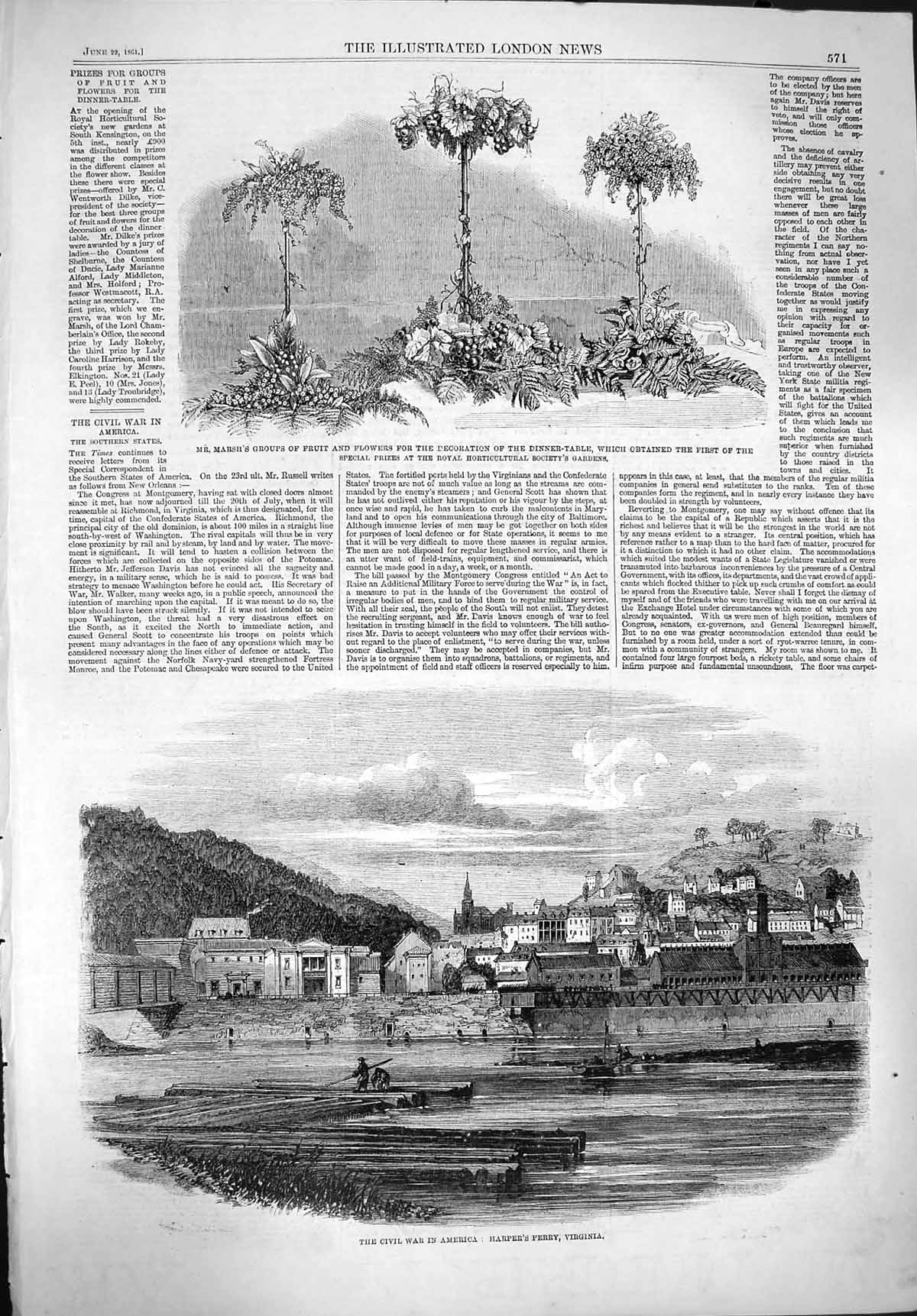 Original Old Antique Print 1861 Marsh Fruit Flowers Horticultural War America