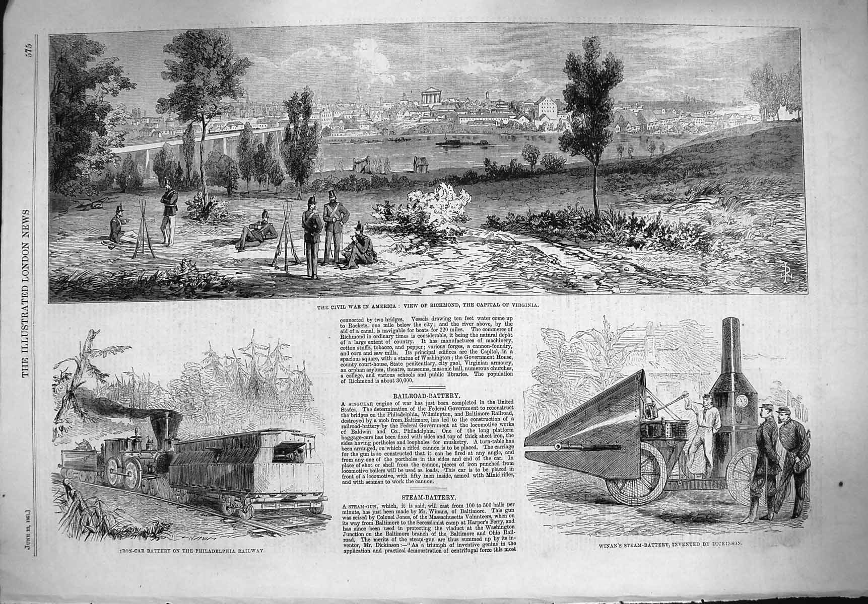 Old Antique Print 1861 War America Richmond Virgina Winan Steam-Battery 19th