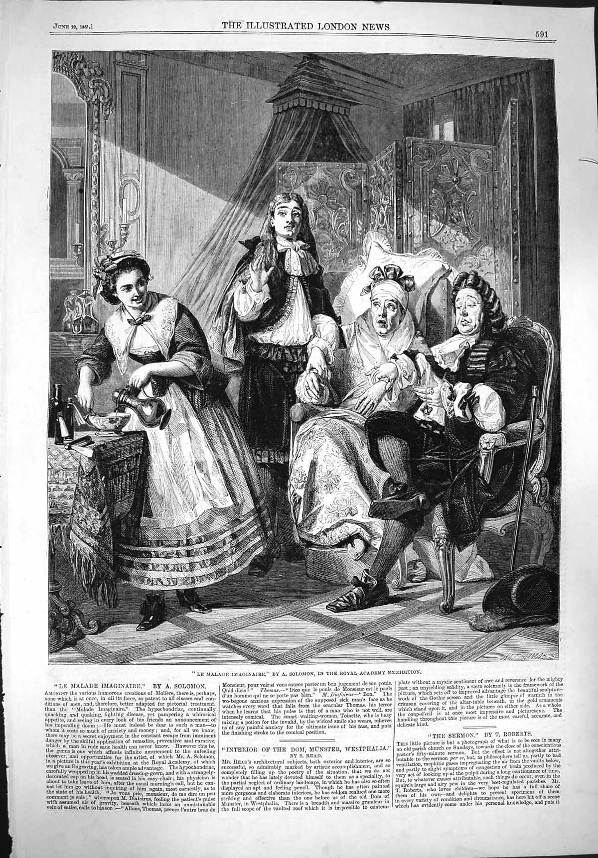 Old Antique Print 1861 La Malade Imaginaire Solomon Royal Academy People 19th