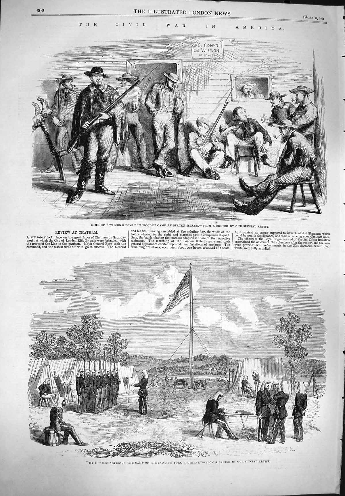Old Antique Print 1861 Civil War America Wilson Camp Staten New York Army 19th