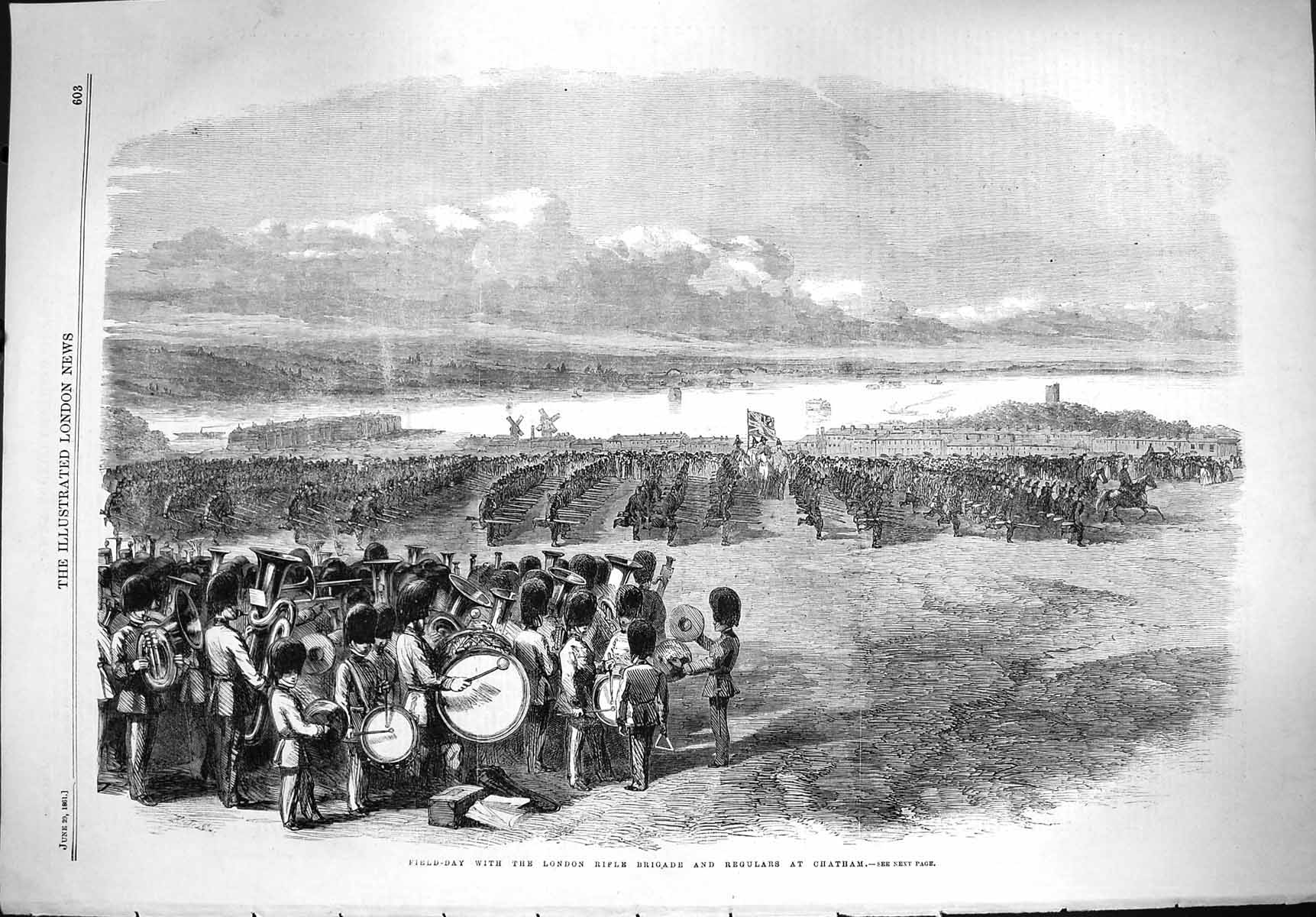 Original Old Antique Print 1861 Field Day London Rifle Brigade Siers Chatham