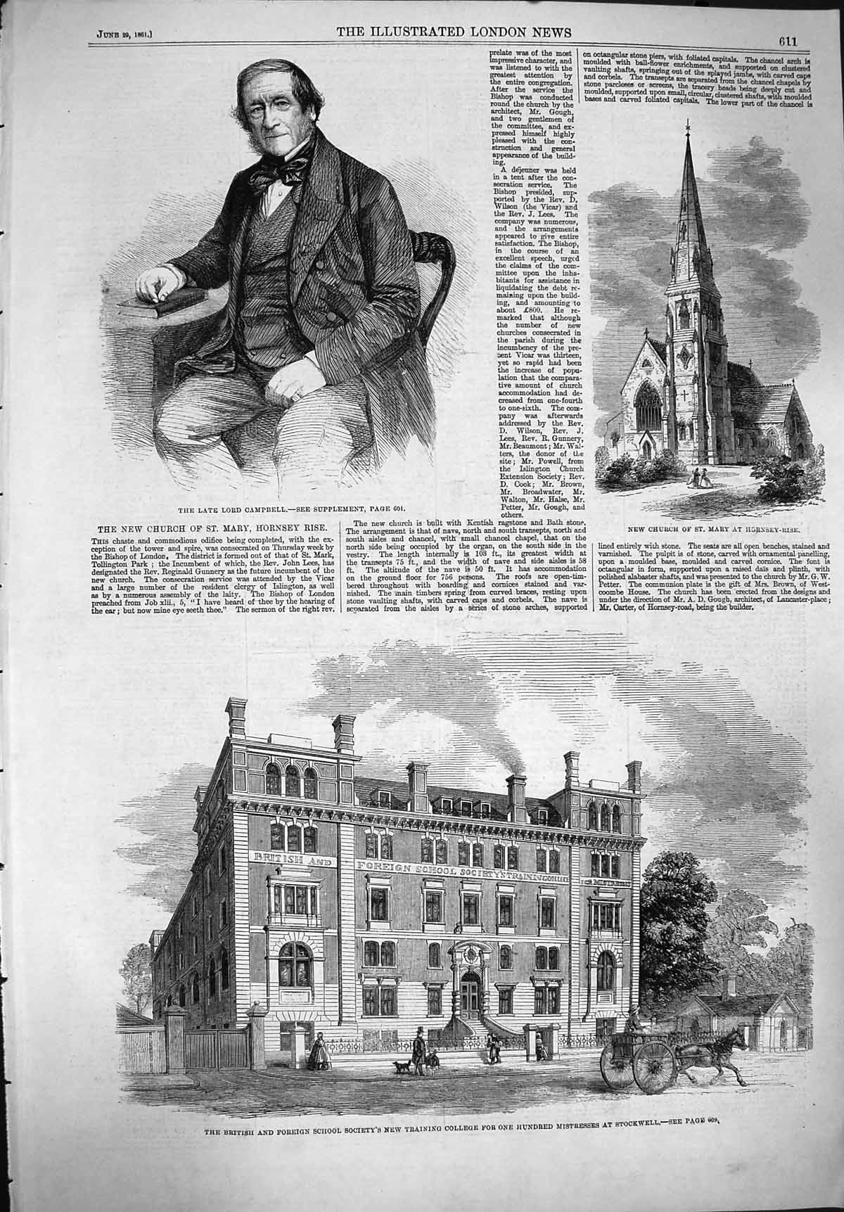 Old Antique Print 1861 Lord Campbell Church Mary Hornsey School Stockwell 19th