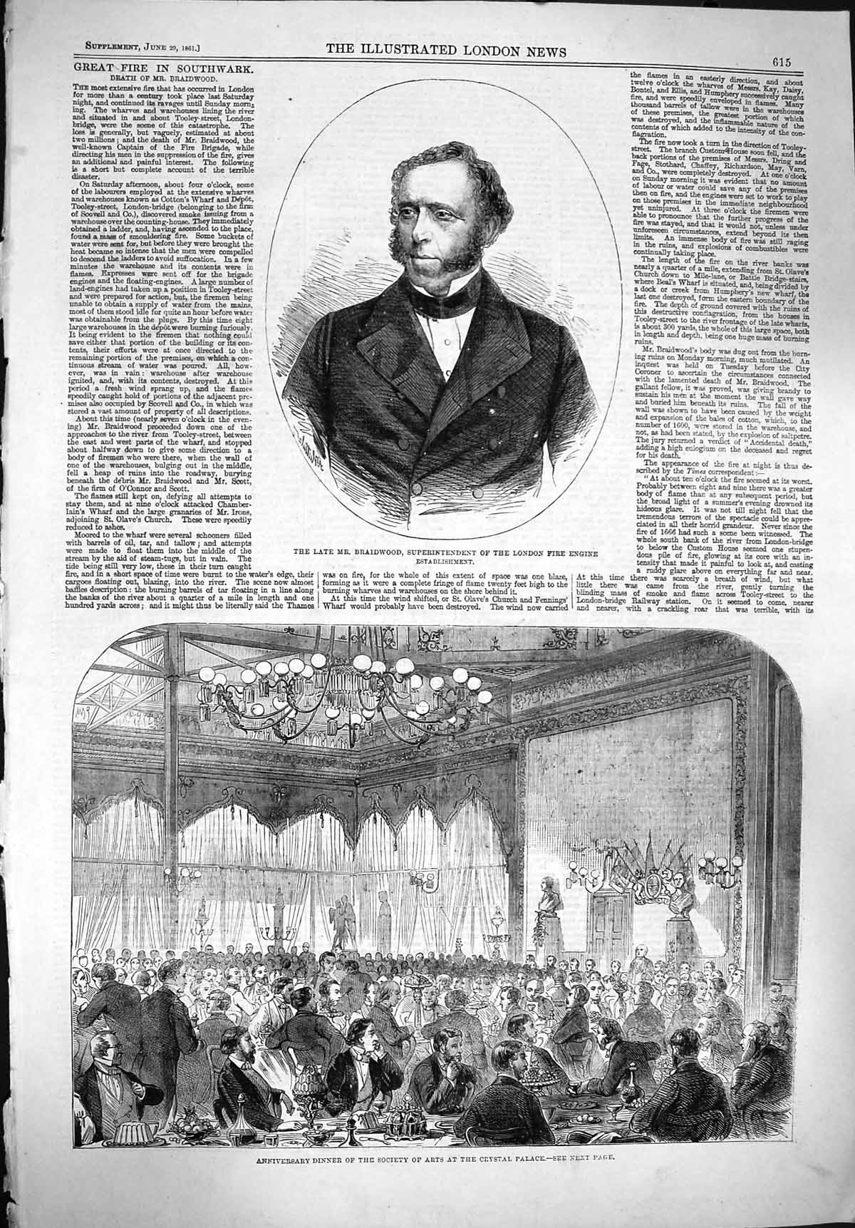 Original Old Antique Print 1861 Portrait Braidwood Dinner Arts Crystal Palace