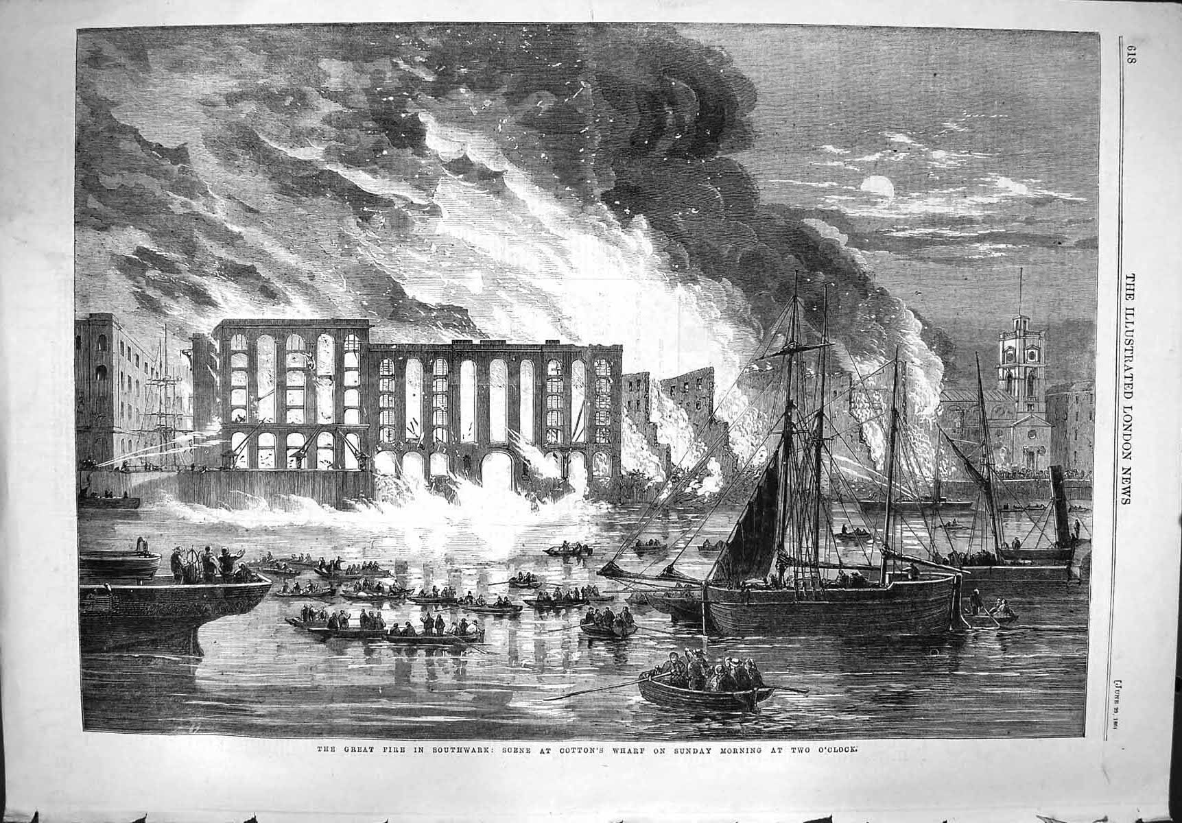 Original Old Antique Print 1861 Fire Southwark Cottons Wharf Ships Boats 19th