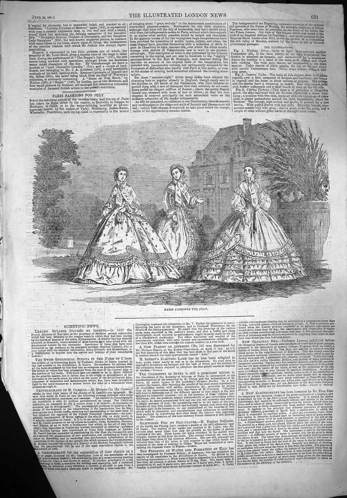 Original Old Antique Print 1861 Womens Paris Fashion July Dresses Mansion House