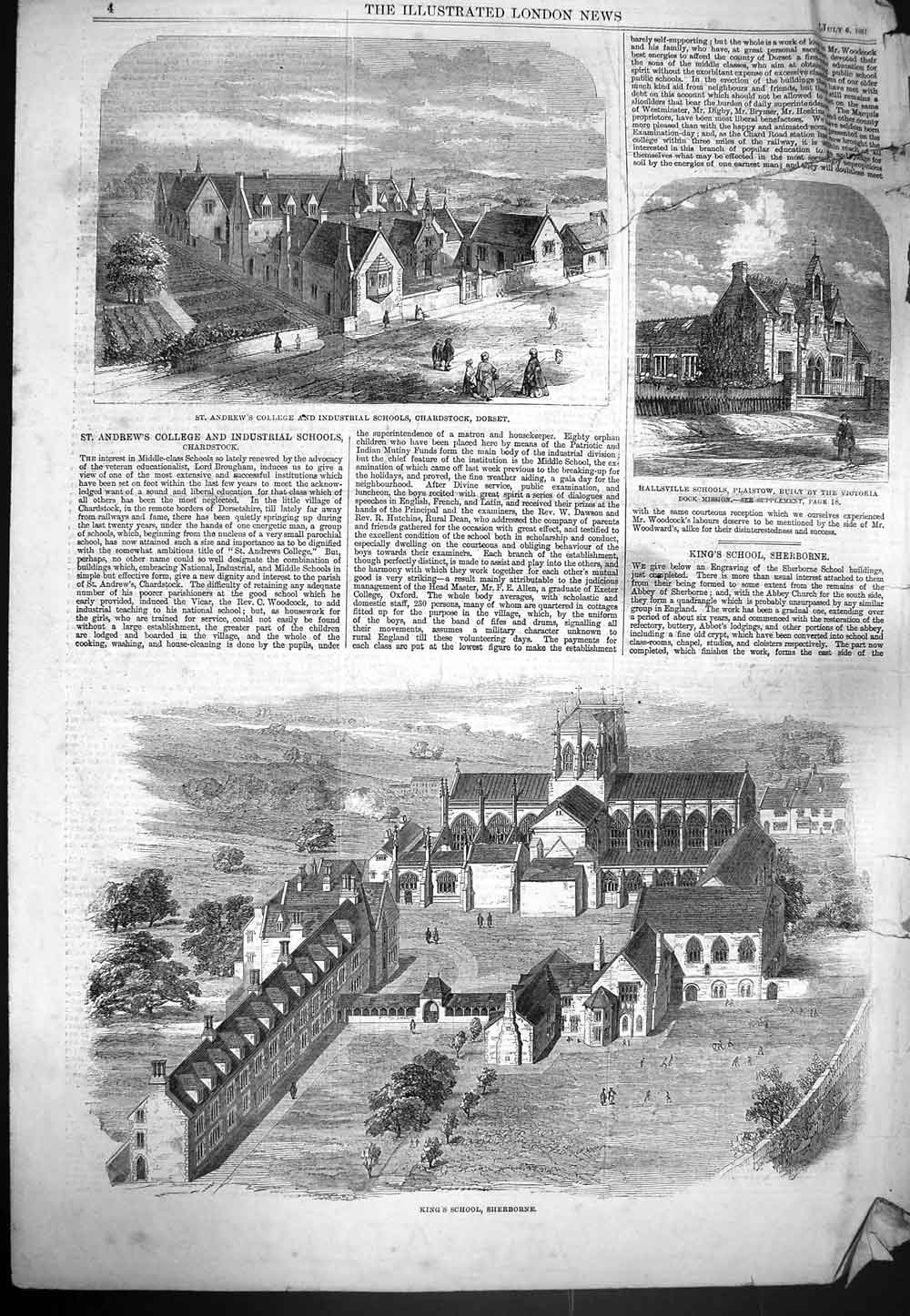 Original Old Antique Print 1861 King'S School Sherbourne College School Dorset