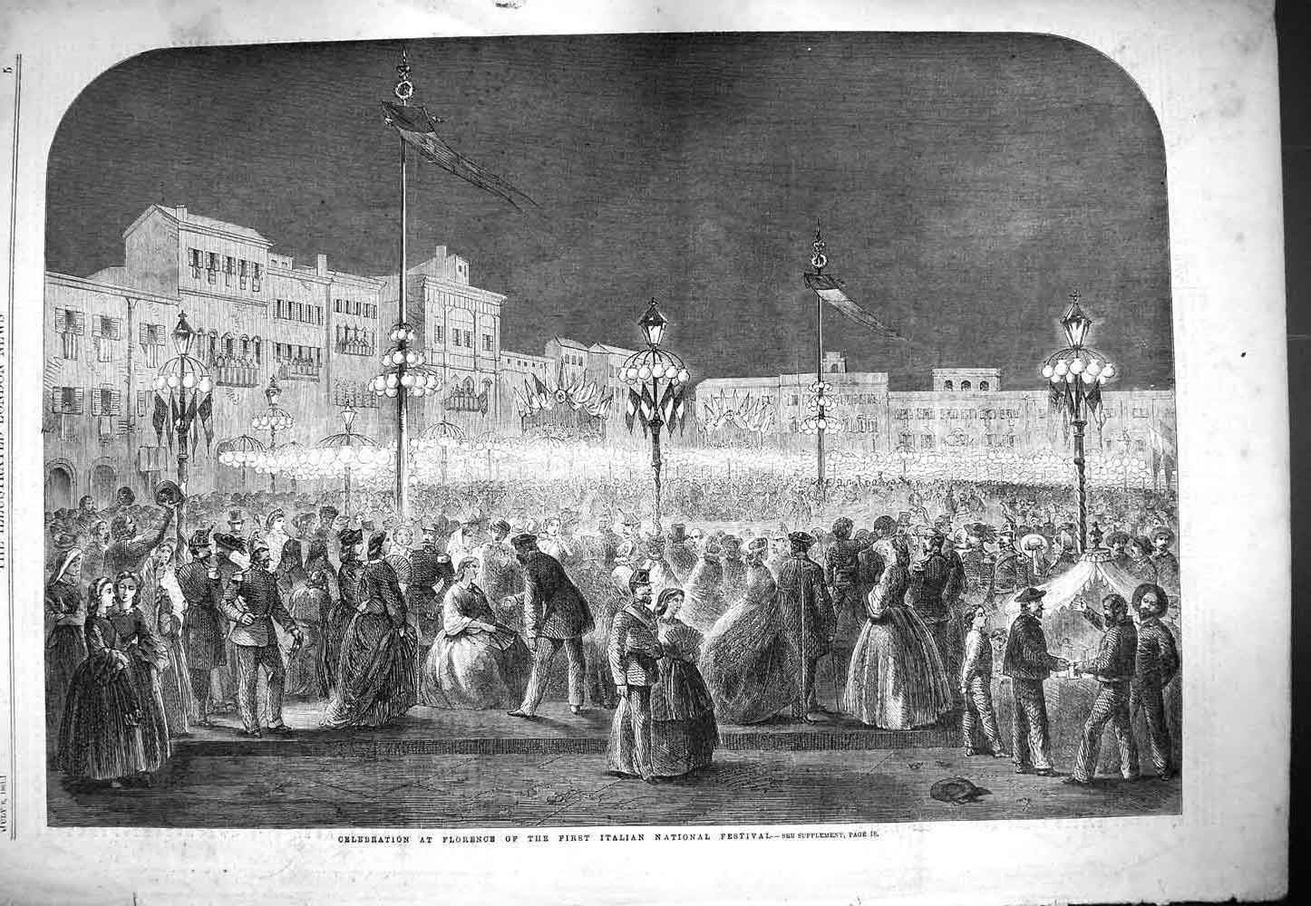 Original Old Antique Print 1861 Celebration Florence Italian National Festival