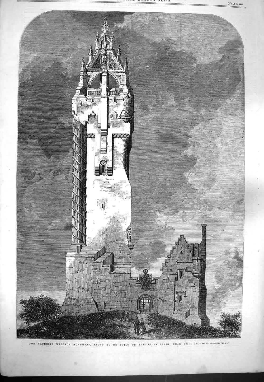 Original Old Antique Print 1861 National Wallace Monument Abbey Craig S 19th