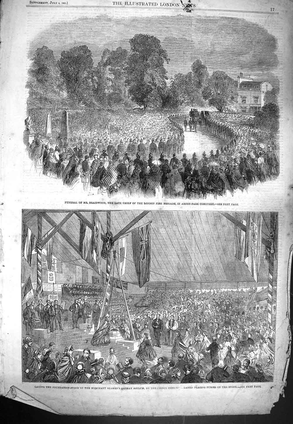 Original Old Antique Print 1861 Funeral Braidwood London Brigade Seamen Asylum