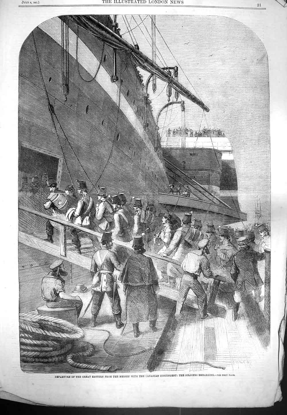 Original Old Antique Print 1861 Great Eastern Ship River Mersey Siers Embarking