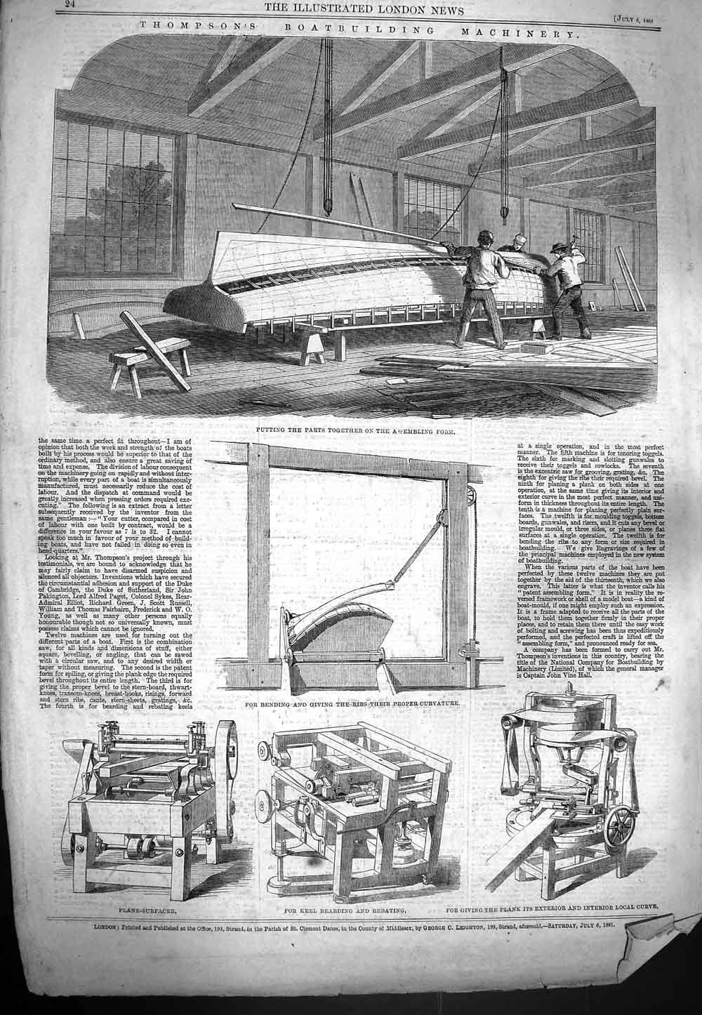Original Old Antique Print 1861 Thompson'S Boatbuilding Machinery Keel Bearding