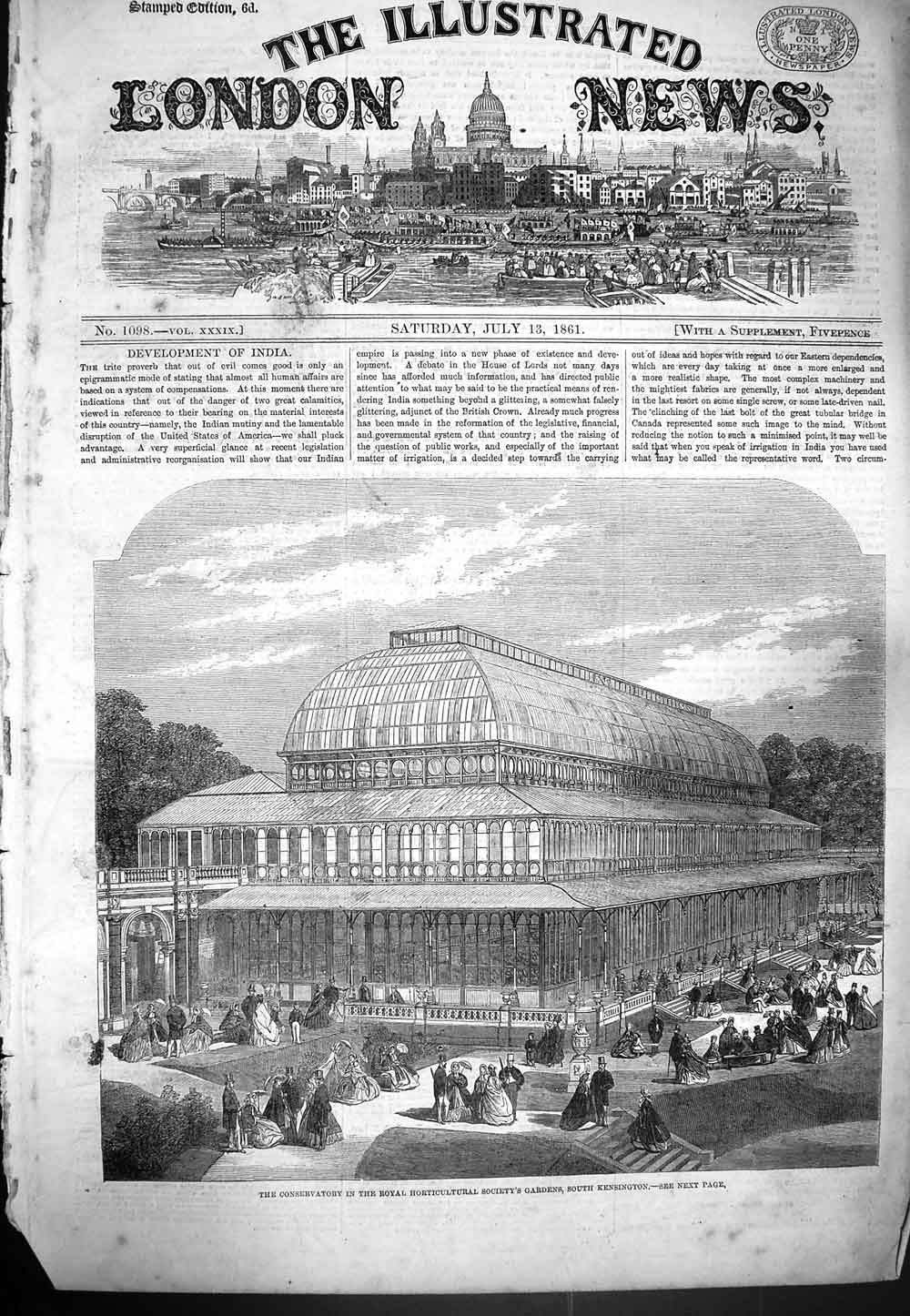 Original Old Antique Print 1861 Conservatory Horticultural Society Kensington