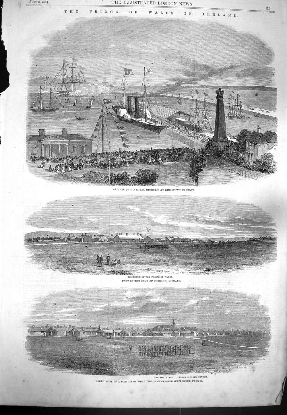 Old Antique Print 1861 Prince Wales Ireland Kingstown Harbour Curragh War 19th