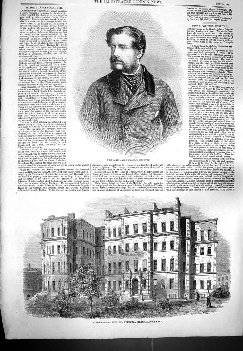 Original Old Antique Print 1861 Major Charles Nasmyth King'S College Hospi 19th