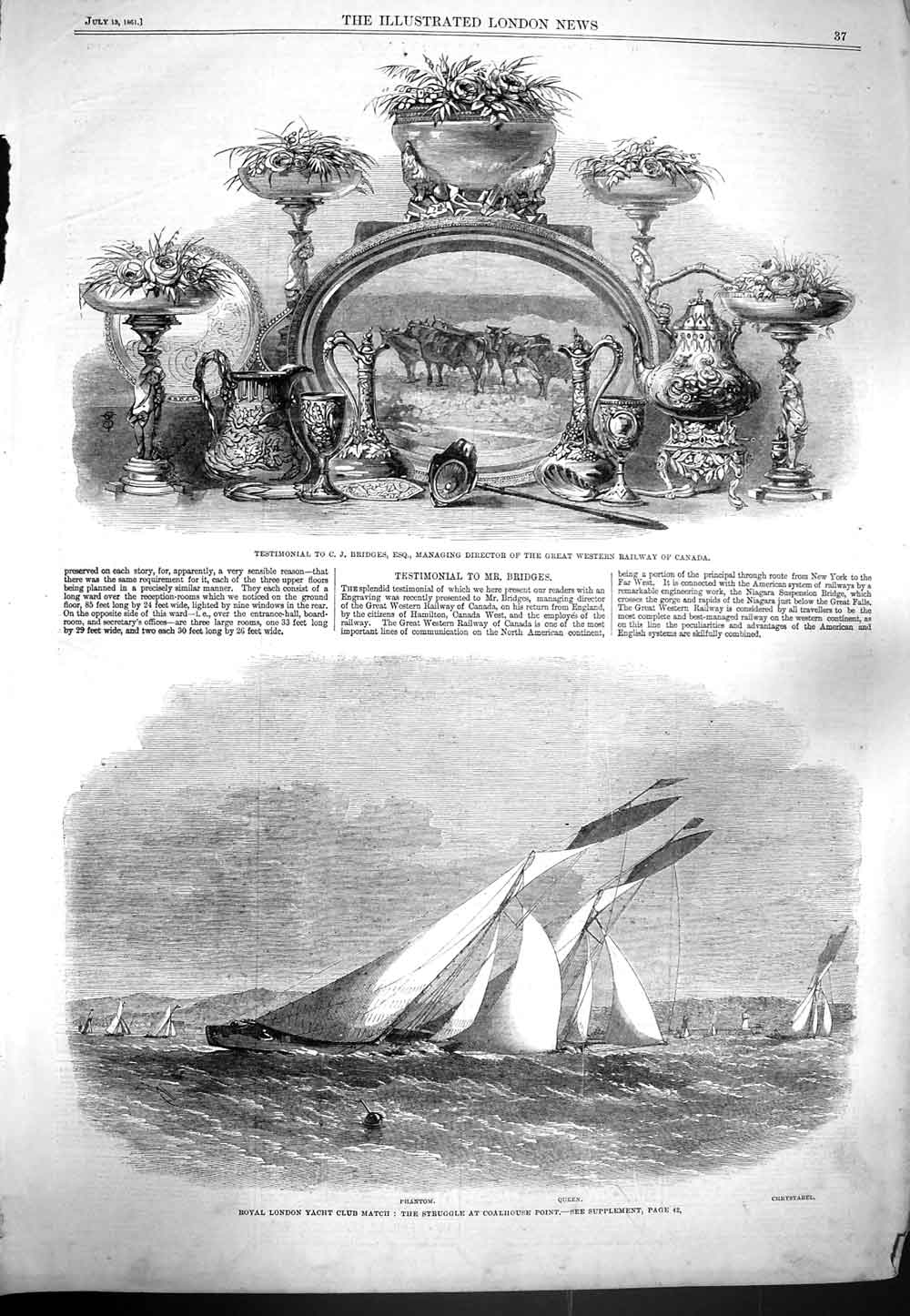 Original Old Antique Print 1861 London Yacht Club Phantom Queen Railway Canada