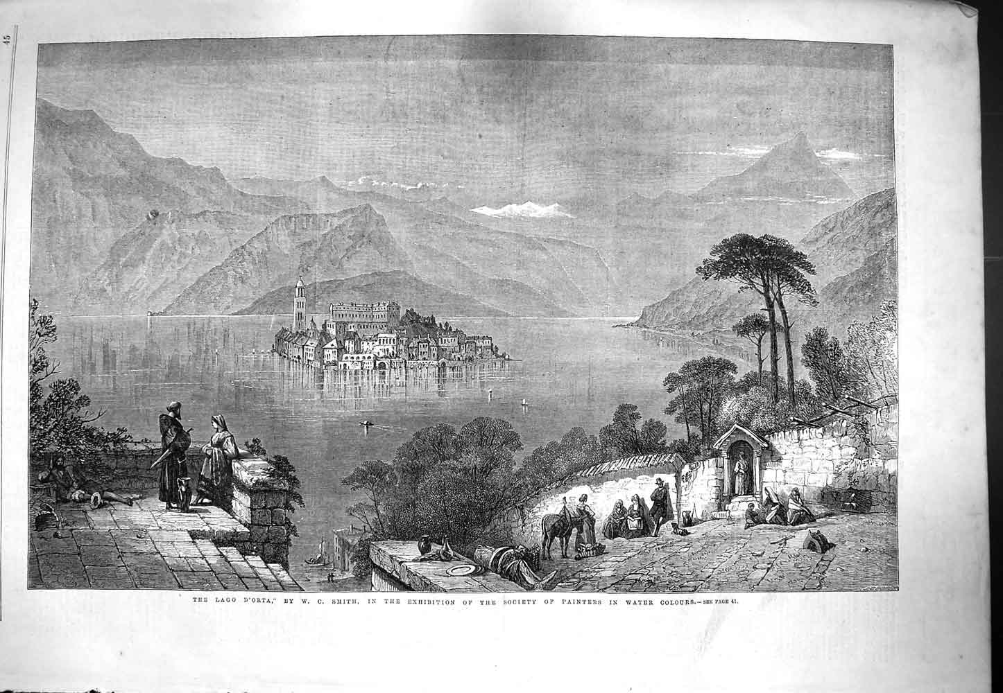 Original Old Antique Print 1861 Lago D'Orta Mountain 19th Century