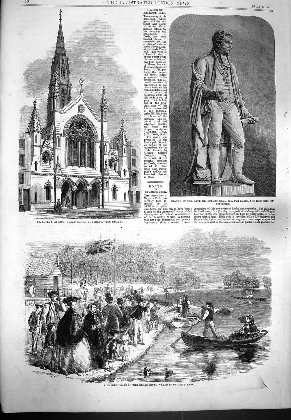 Original Old Antique Print 1861 Statue Robert Hall Leeds Peters Church Regents
