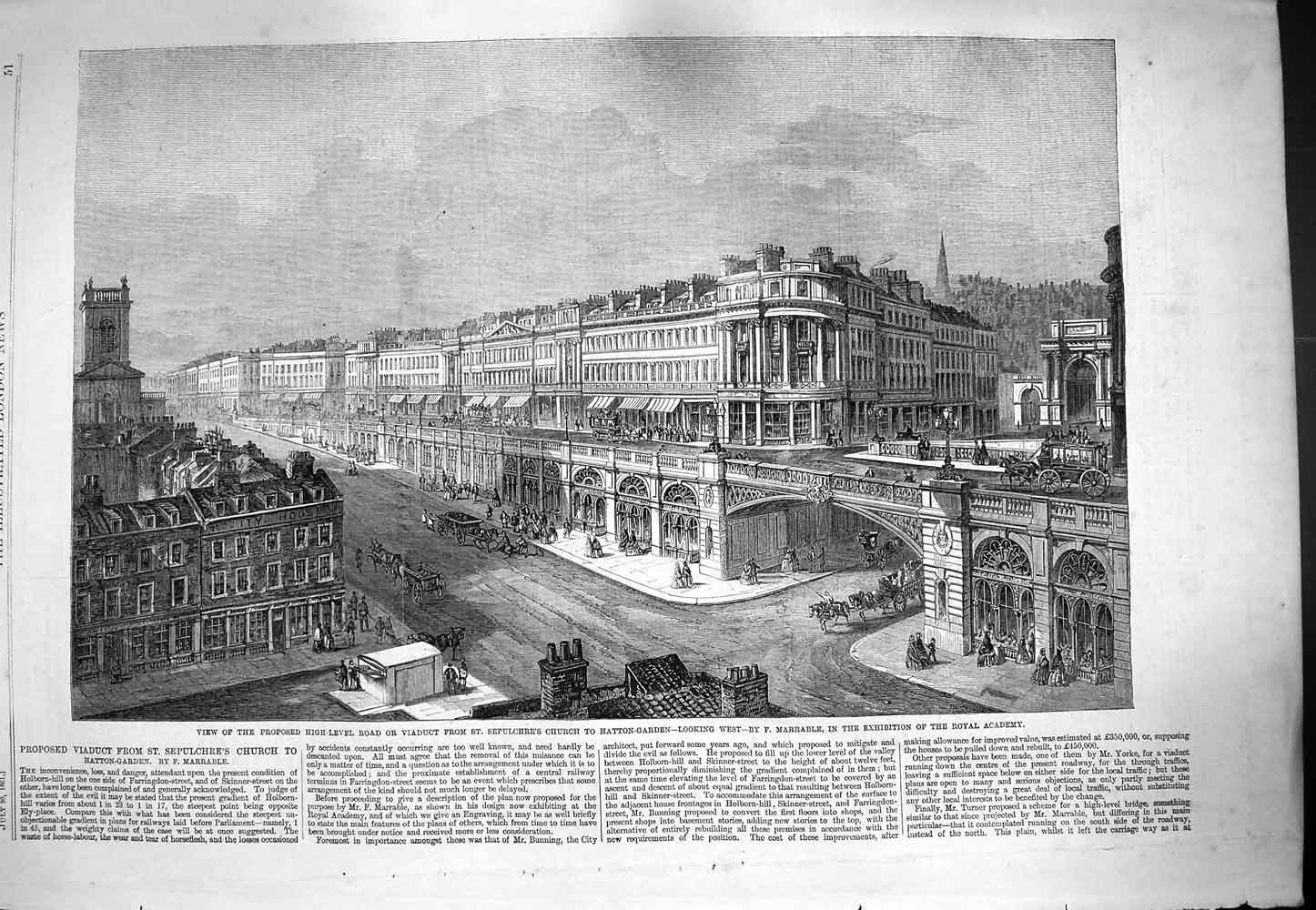 Original Old Antique Print 1861 High-Level Road Viaduct Sepulchre Hatton Garden
