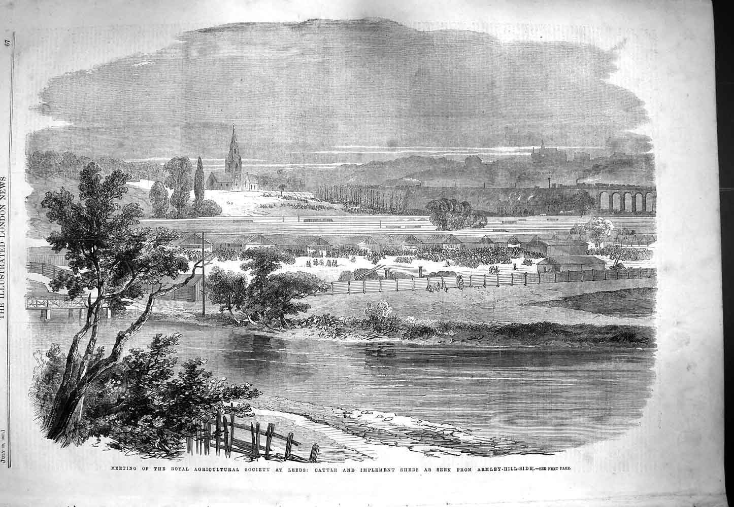 Original Old Antique Print 1861 Cattle Implement Sheds Armley-Hill-Side Leeds