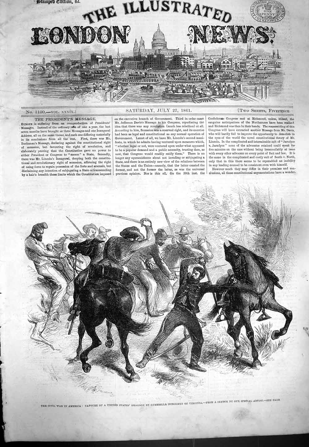 Original Old Antique Print 1861 Civil War America Dragoon Guerrilla Virginia