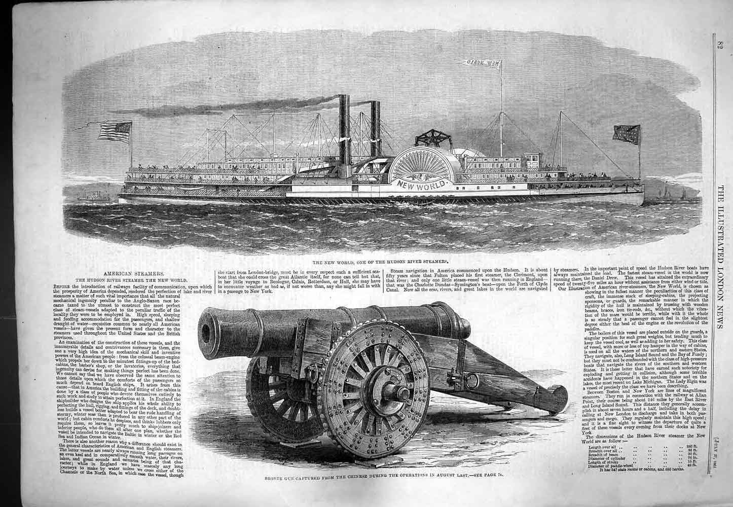 Original Old Antique Print 1861 Hudson River Steamers New World War Gun 19th
