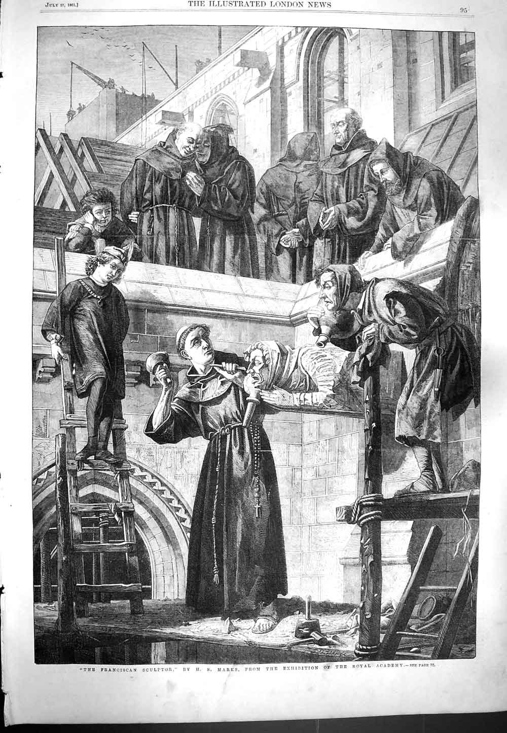 Original Old Antique Print 1861 Franciscan Sculptor Art Marks Royal Academy
