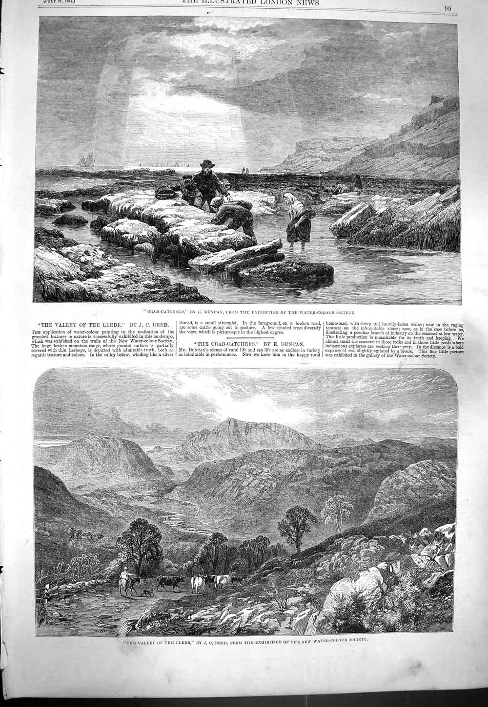 Old Antique Print 1861 Crab Catchers Valley Lledr Mountains Reed Duncan 19th
